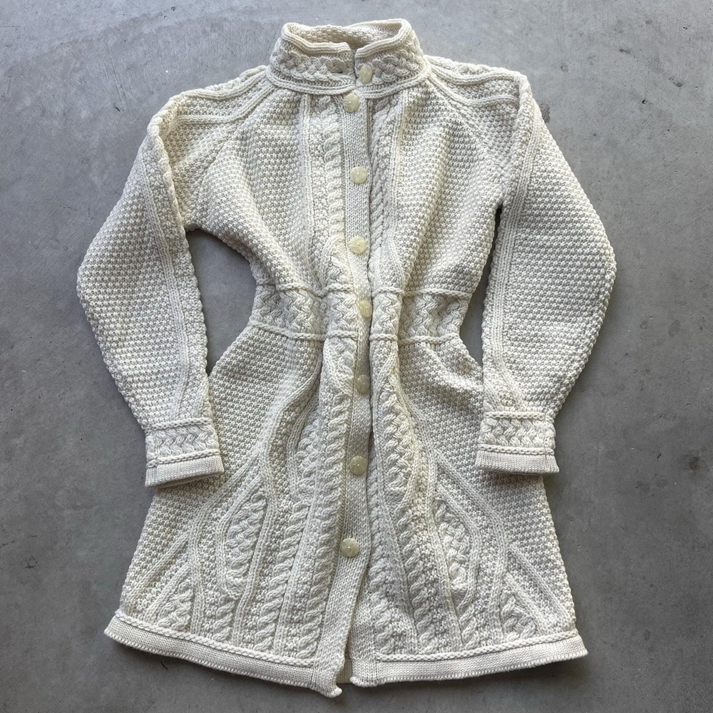Aran Crafts 100% Merino Wool M Cable Knit Long Cardigan Ivory Dress Cottage